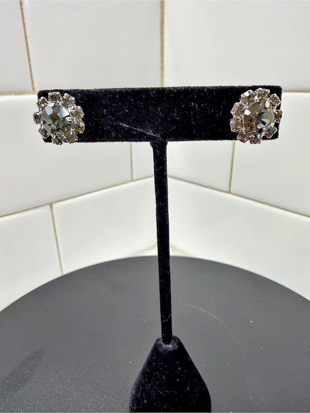 Crystal Stud Earrings in Silver & Gray Like New